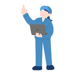 ノートパソコンを持ち上を指さす作業服を着た女性のフラットなイラスト
