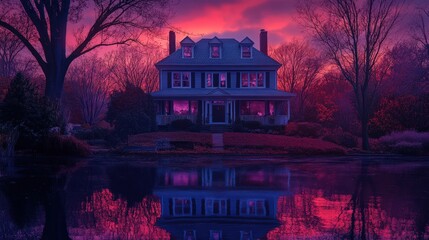 Obraz premium House Reflecting In Still Water At Sunset