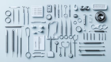 Fototapeta premium Medical instruments: Tools like forceps and other surgical instruments. Medical charts. Miscellaneous equipment: Items such as a blood pressure cuff, a thermometer, and other diagnostic tools.