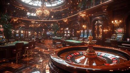 Obraz premium Luxurious casino interior with roulette wheel, slot machines, and gaming tables.