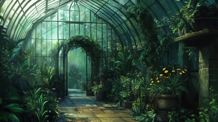 Lush Overgrown Greenhouse Interior Botanical Garden