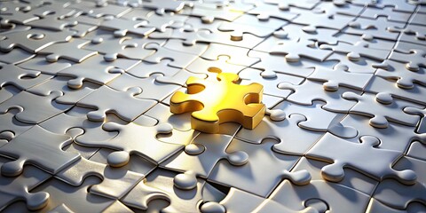 Surreal Yellow Puzzle Piece in a Sea of White Jigsaw Puzzle Grid - Unique Conceptual Art, Imagination, Contrast, Solitude, Intrigue, Abstract Puzzle Imagery