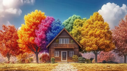 A Wooden Cabin Nestled Among Colorful Autumn Trees