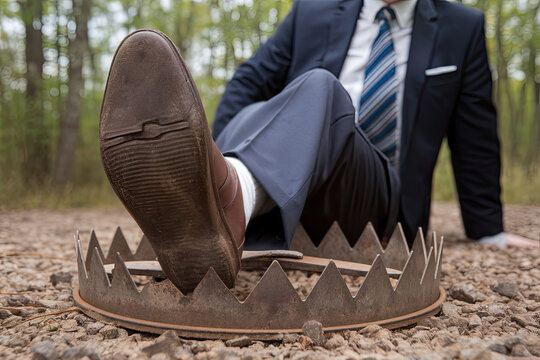 Businessman&rsquo;s foot over a bear trap, concept of problem-solving and crisis management