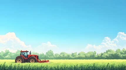 Fototapeta premium Red Tractor Working a Summer Field Under a Blue Sky