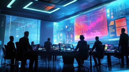 A modern control room with professionals analyzing data on large screens.