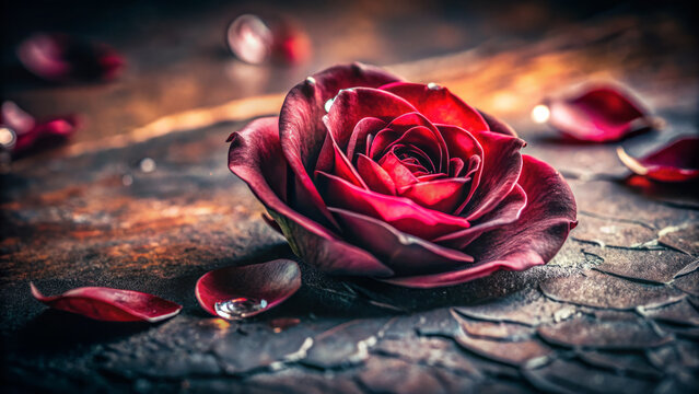 stunning ruby red rose with meticulously detailed petals rests on textured surface, surrounded by scattered petals and droplets, evoking sense of elegance and beauty