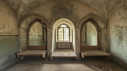Fototapeta premium Abandoned Building Interior With Arched Windows And Benches