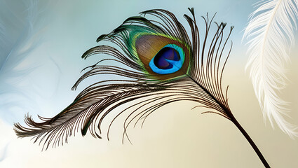 Obraz premium a single peacock feather in a stunning close-up, with sharp clarity on its shimmering 'eye spot,' intricate lines, and the soft gradient of iridescent colors.