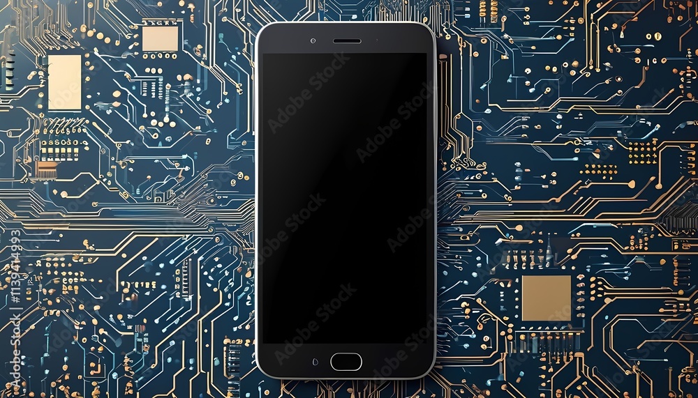 Poster exploring innovative mobile technology digital circuitry background high-tech device tech hub close-