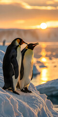 Obraz premium Two Penguins Gazing Into the Horizon at Sunset