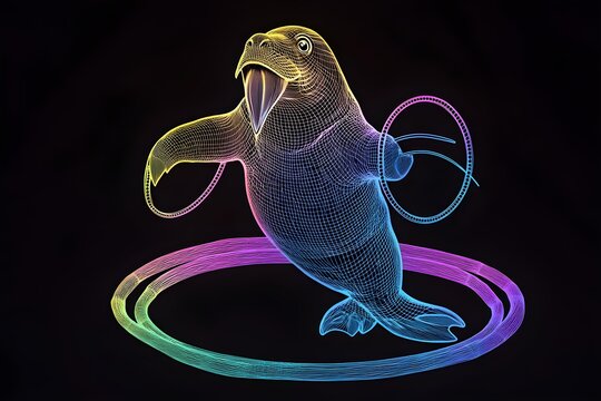 Neon wireframe walrus jumping through hoops isolated on black background.