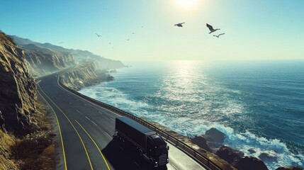 Fototapeta premium A scenic coastal road with a truck and birds flying over the ocean at sunrise.