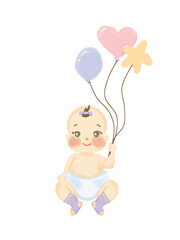 Illustration of a Smiling Baby Holding Pastel Balloons