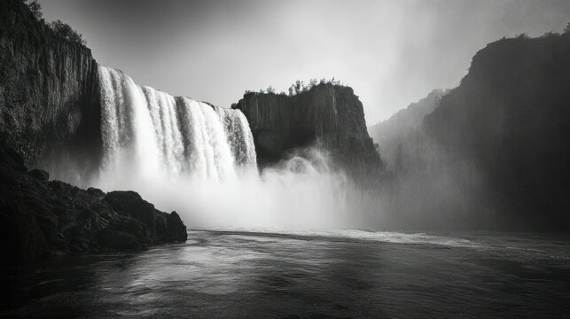 A Powerful Waterfall Cascading Over Rocky Cliffs, Captured in Black and White