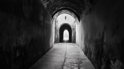 A long, dark tunnel with arches leading into the distance, black-and-white photography.