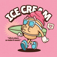 Ice Cream Trendy Retro Cartoon Vector Hand Drawn 