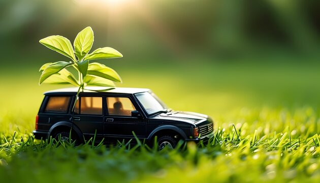 Eco-friendly toy car on grass urban green space product photography natural environment close-up sustainability concept
