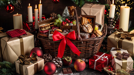 A cozy Christmas setting with a festive food basket filled with baked goods, chocolates, and fresh fruits, tied with a red bow.