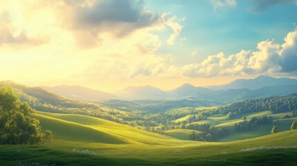 Obraz premium Rolling Green Hills and a Cloudy Sky at Sunset