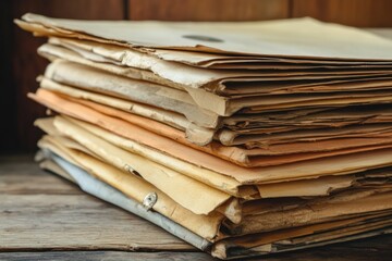 Stack of aged and weathered documents on a wooden table