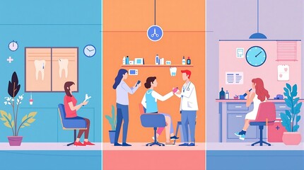 Fototapeta premium Triptych illustration showing three medical scenarios: dental clinic, medical consultation, and laboratory setting