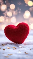 Fototapeta premium A plush red heart placed on a snowy white surface with golden confetti scattered around, with a blurred backdrop of fairy lights and pink tones, great for Valentine's stock images