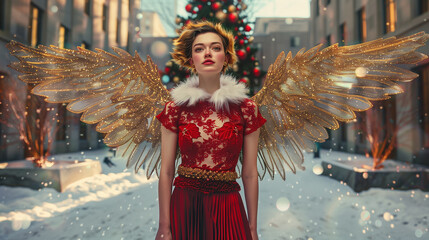 A festive angel woman with golden wings wearing a red lace Christmas top with a fur-lined collar and pleated mini-skirt.