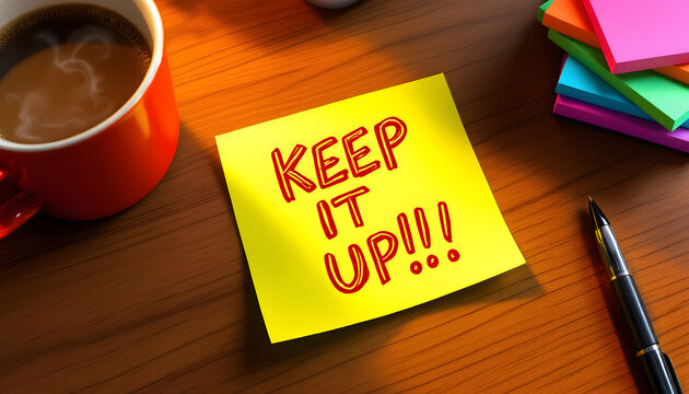 Positive Reinforcement, Keep It Up Note with Office Supplies, Motivational Sticky Note on Desk