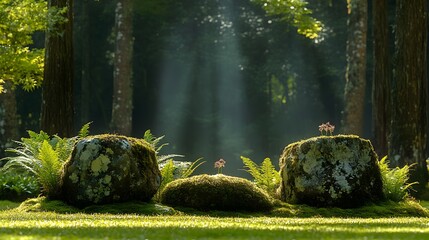 Garden design showcases serene rock formations enveloped in lush ferns, illuminated by soft sunlight filtering through tall trees, creating a tranquil atmosphere.