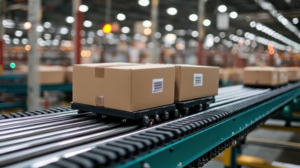 a modern warehouse or distribution center with a conveyor belt system. On the conveyor, several cardboard boxes are lined up, moving along the rollers. The boxes are primarily brown with black labels