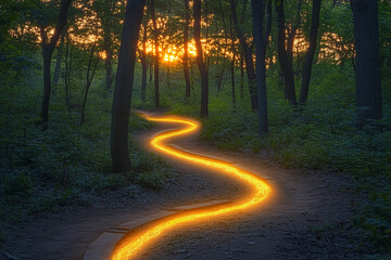 Fototapeta premium A glowing golden path through a forest at sunset