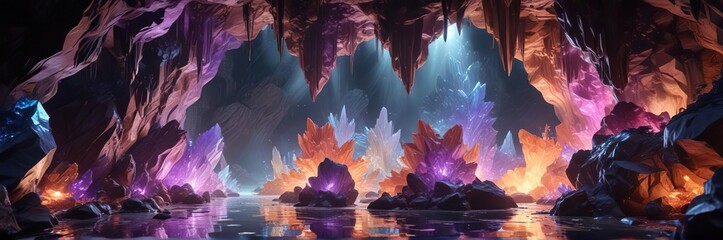 Fototapeta premium Shimmering crystal cavern with vibrant colors, colorful gradient, iridescent minerals, crystal formation