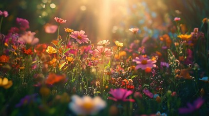 A Field of Wildflowers Basking in Golden Sunlight