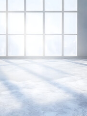 Fototapeta premium A window with a view of snow and a room with a white floor. The room is empty and the window is open