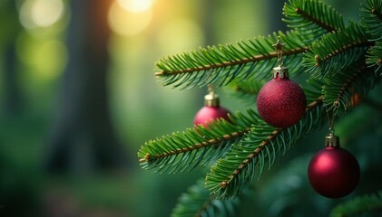 Pine branch with spherical decorations amidst needle-like foliage, ornaments, forest, twigs