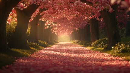 Garden design showcases a serene pathway lined with vibrant cherry blossoms, creating a dreamy atmosphere filled with soft pink hues and tranquility.