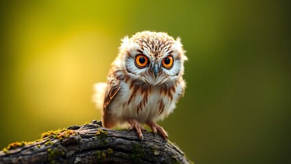 Little owl perched on branch, staring intensely.