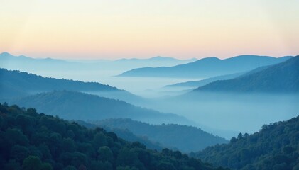 Fototapeta premium Misty morning with layered clouds on blue horizon, serene landscape, peaceful morning, soft light