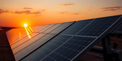 Photovoltaic panels glowing at sunset, future technology, clean energy, eco-friendly innovation