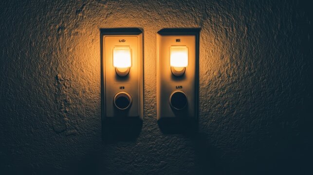 Illuminated nightlights glow softly on a textured wall