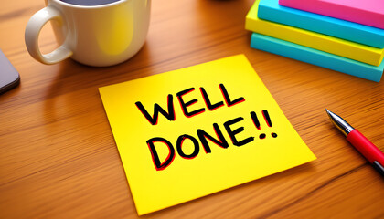 Well Done Sticky Note, Positive Feedback on Desk