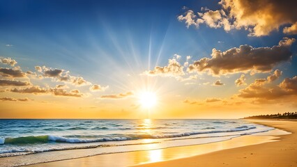 Fototapeta premium a hot summer beach scene, featuring a blazing sun shining brightly.