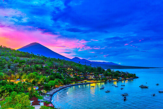 Sunset view of Mount Agung, Amed, Bali, Indonesia