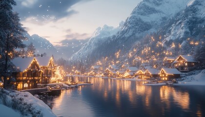 Fototapeta premium A beautiful snow-covered village nestled in the mountains with lights twinkling from every house