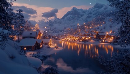 A beautiful snow-covered village nestled in the mountains with lights twinkling from every house