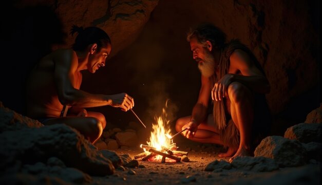 Two men are gathered around a flickering fire inside a cave, engaged in conversation while cooking food. ambiance is warm and intimate, highlighting their connection and survival skills