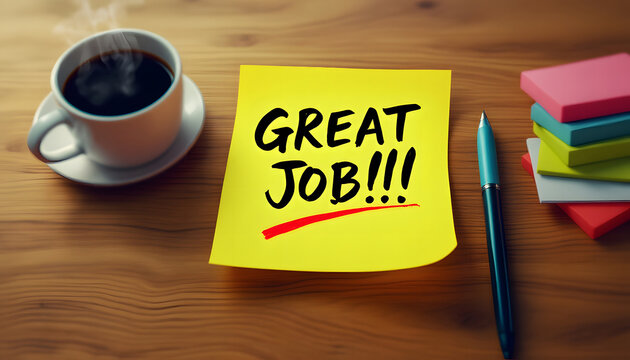 Great Job Sticky Note, Positive Feedback on Desk