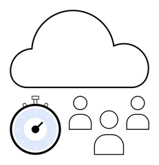 Cloud stopwatch and four user icons. Ideal for cloud services, team collaboration, productivity, time management, digital teamwork, remote work, online storage. Line metaphor