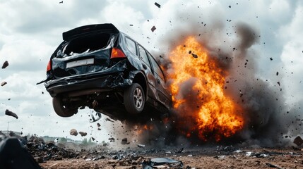 black SUV launches into the air as a massive fireball erupts from its rear, surrounded by debris and smoke in a remote area